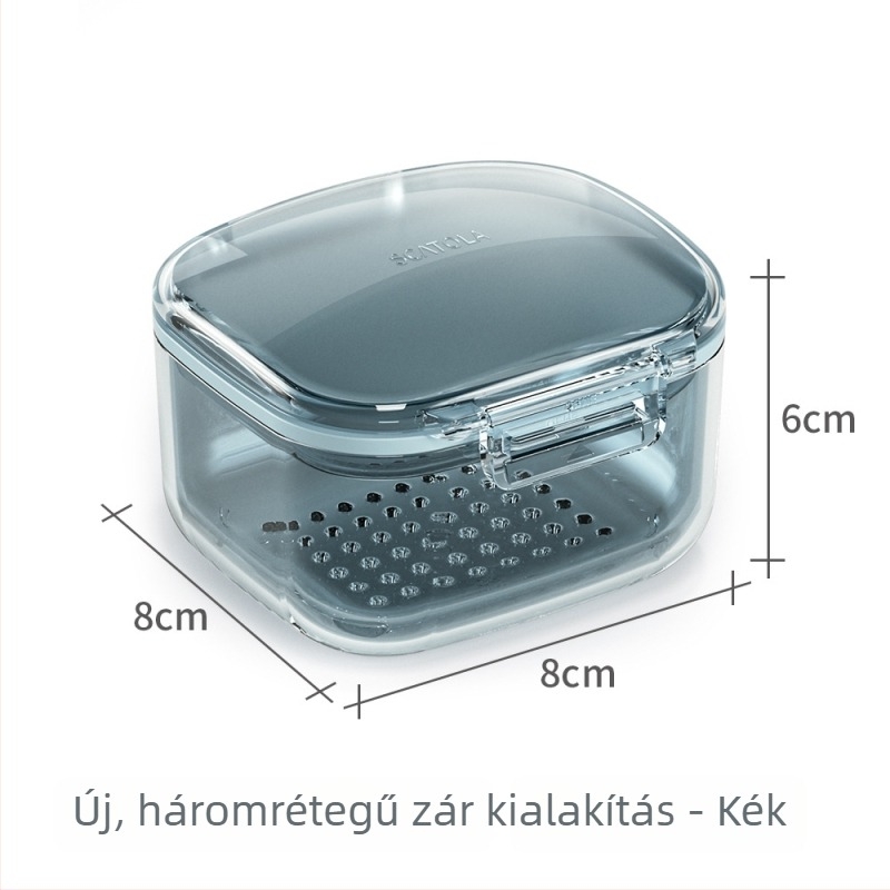 Hordozható háromrétegű fogszabályzó tok átlátszó készülék tartóval, tárolóval és áztató-lefolyó tálcával