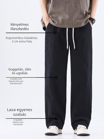 Férfi pamut casual nadrág, egyenes szabás, lazább, nyár 2026, vékony anyag, szélálló, széles lábszárú