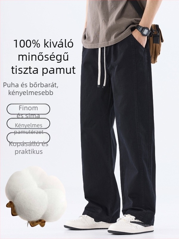 Férfi pamut casual nadrág, egyenes szabás, lazább, nyár 2026, vékony anyag, szélálló, széles lábszárú