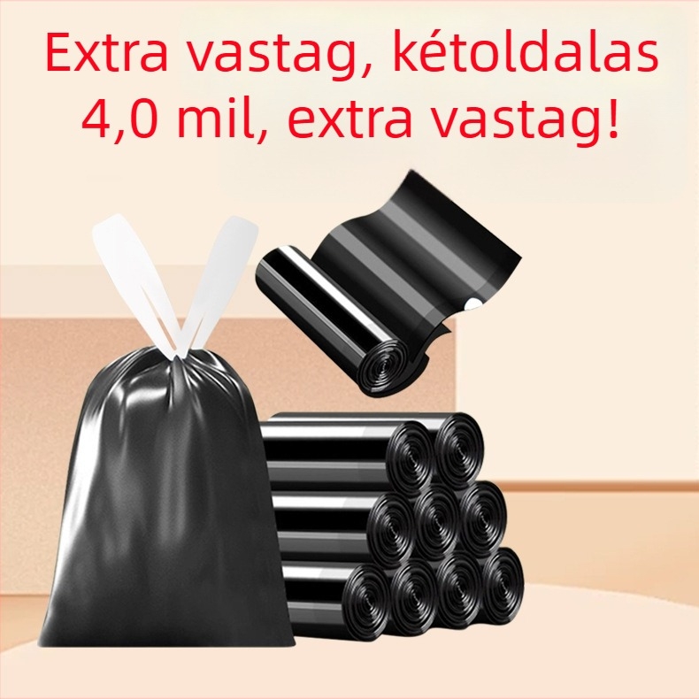 Négyrétegű extra vastag húzózsinóros szemeteszacskók, hordozható kialakítás, otthoni és konyhai használatra, fekete, nehéz műanyag tisztítózacskók