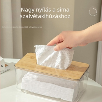 Otthoni átlátszó bambusz fedelű zsebkendő tartó doboz dohányzóasztalhoz a nappaliban, bal oldali tároló, porvédő