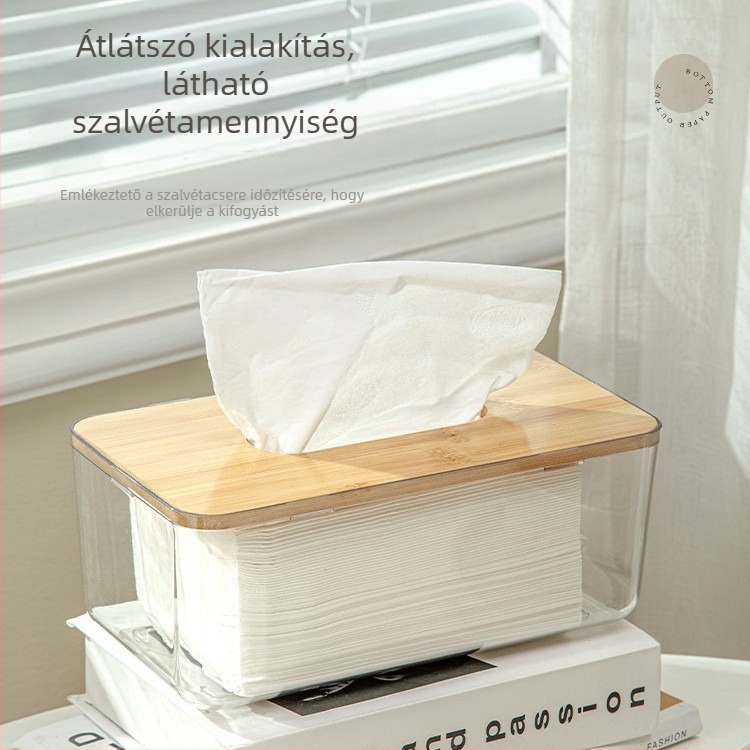Otthoni átlátszó bambusz fedelű zsebkendő tartó doboz dohányzóasztalhoz a nappaliban, bal oldali tároló, porvédő