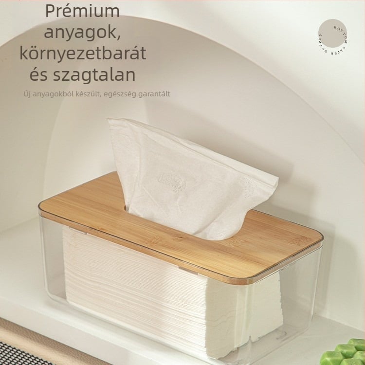 Otthoni átlátszó bambusz fedelű zsebkendő tartó doboz dohányzóasztalhoz a nappaliban, bal oldali tároló, porvédő