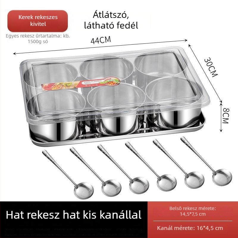 Rozsdamentes acél fűszertartó készlet fedővel, extra-nagy méretű a konyhában, nyolc rekeszes és hat rekeszű.