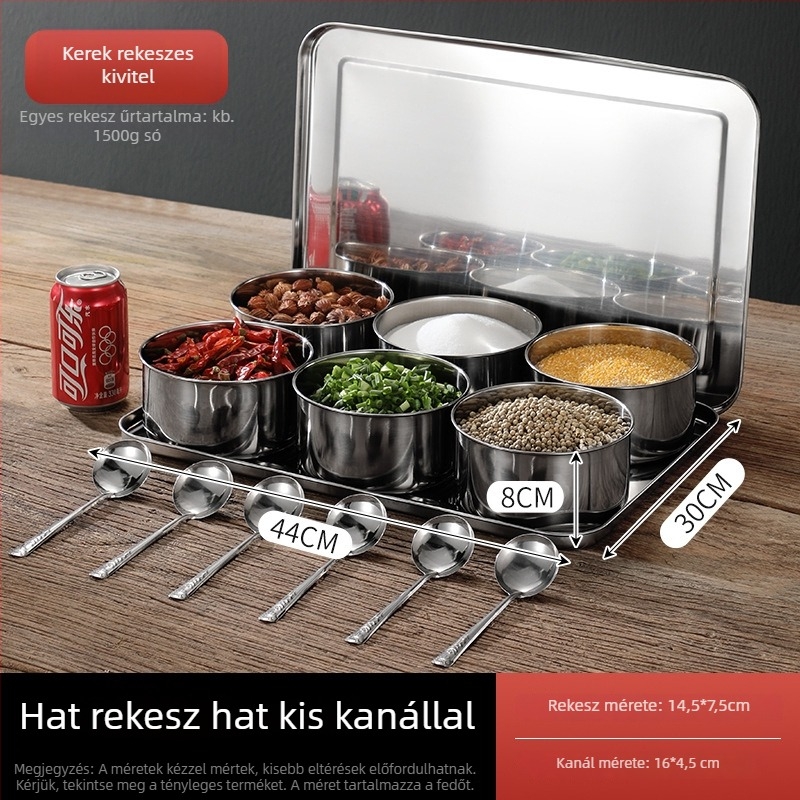 Rozsdamentes acél fűszertartó készlet fedővel, extra-nagy méretű a konyhában, nyolc rekeszes és hat rekeszű.