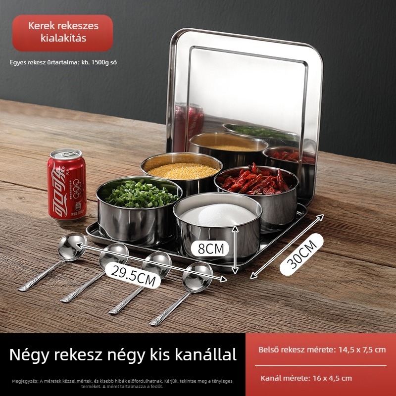 Rozsdamentes acél fűszertartó készlet fedővel, extra-nagy méretű a konyhában, nyolc rekeszes és hat rekeszű.