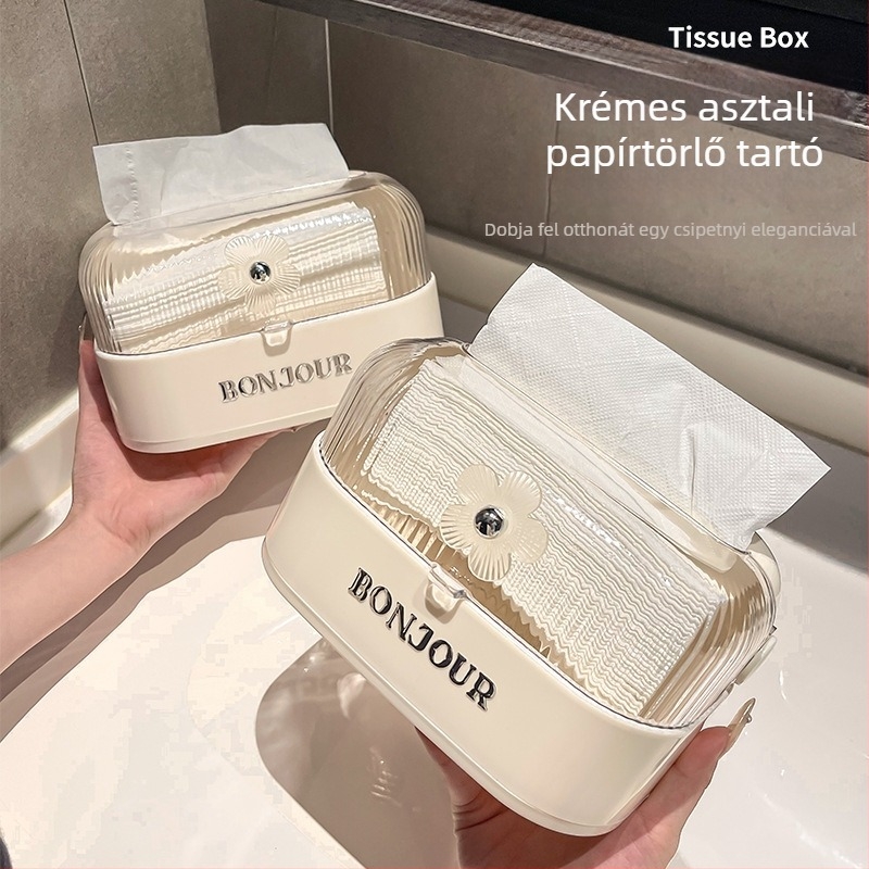 Krémszínű virágos mintázatú zsebkendőtartó, felnyitható fedéllel, nappali asztalra