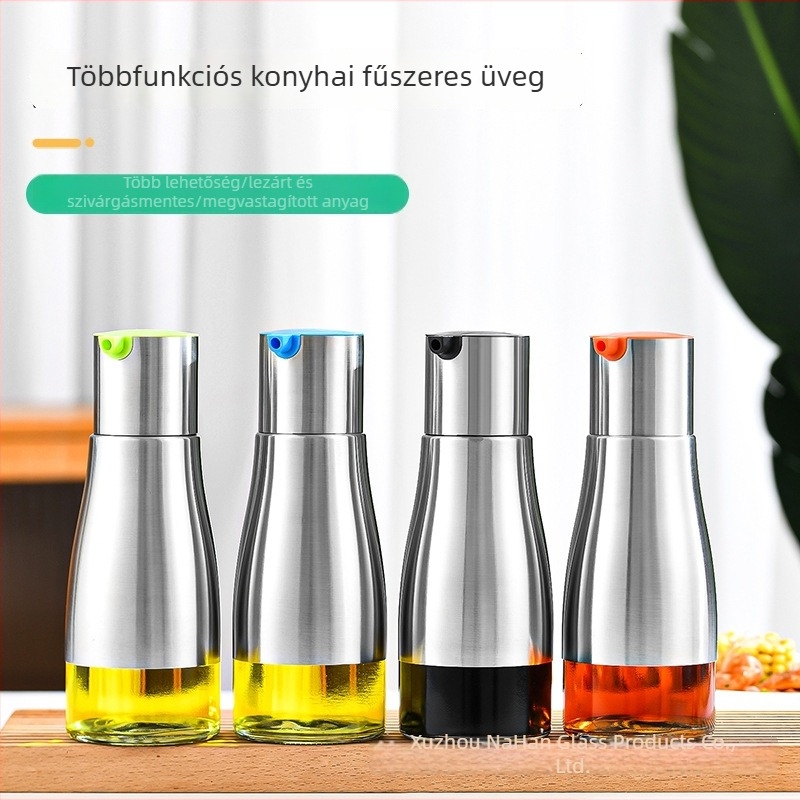 Rozsdamentes acél és üveg fűszertartó palack kontrollált öntéssel, csepegésmentes olajhoz, ecethez és szójaszószhoz; nagy kapacitás