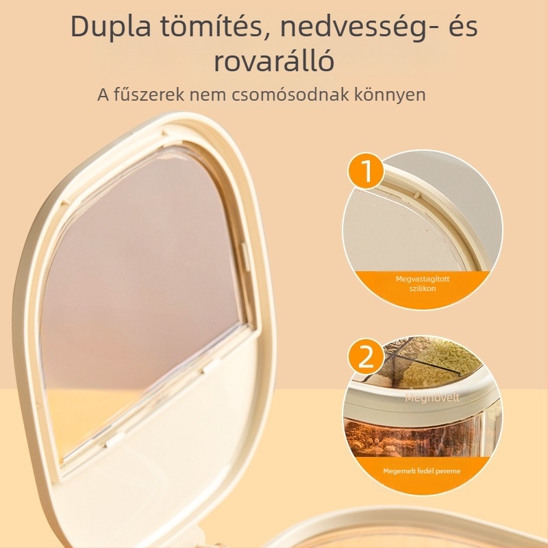 Integrált, több rekeszes fűszertartó készlet a konyhában; műanyag üvegek só és nátrium-glutamát számára