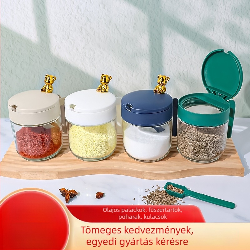 Konyhai üveg fűszertartó készlet – zárható sótartóval és tárolóedényekkel