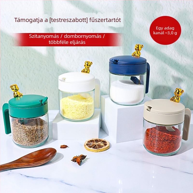 Konyhai üveg fűszertartó készlet – zárható sótartóval és tárolóedényekkel