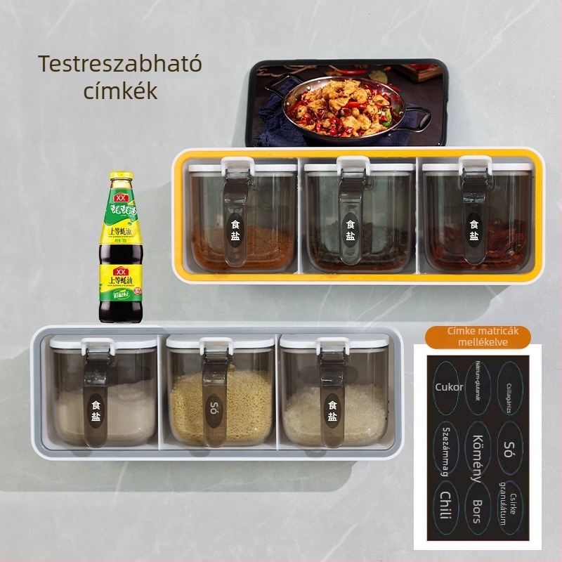 Konyhai fűszerező készlet: fűszertartók, sótartó és tárolóedény olajtartállyal