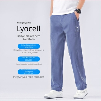 Férfi Lyocell farmer nyárra, vékony anyag, lazán bő szárú, egyenes szabás, mindennapi viselet, középmagas derék, cipzárral
