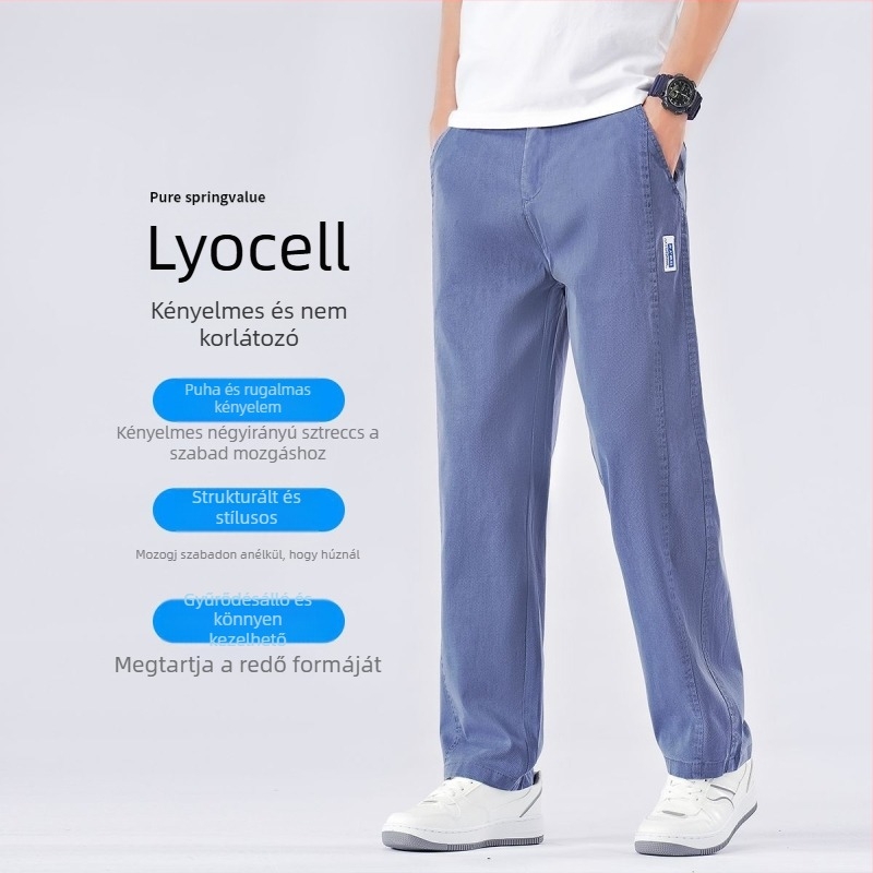 Férfi Lyocell farmer nyárra, vékony anyag, lazán bő szárú, egyenes szabás, mindennapi viselet, középmagas derék, cipzárral