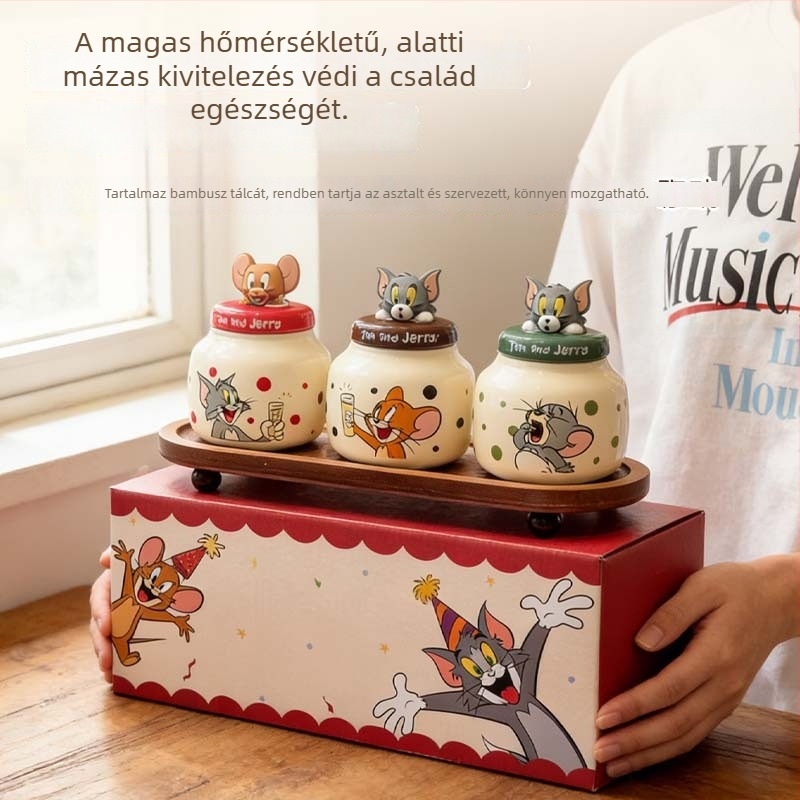Cuki macska és egér kerámiás fűszertartó fedővel, fa tálcával
