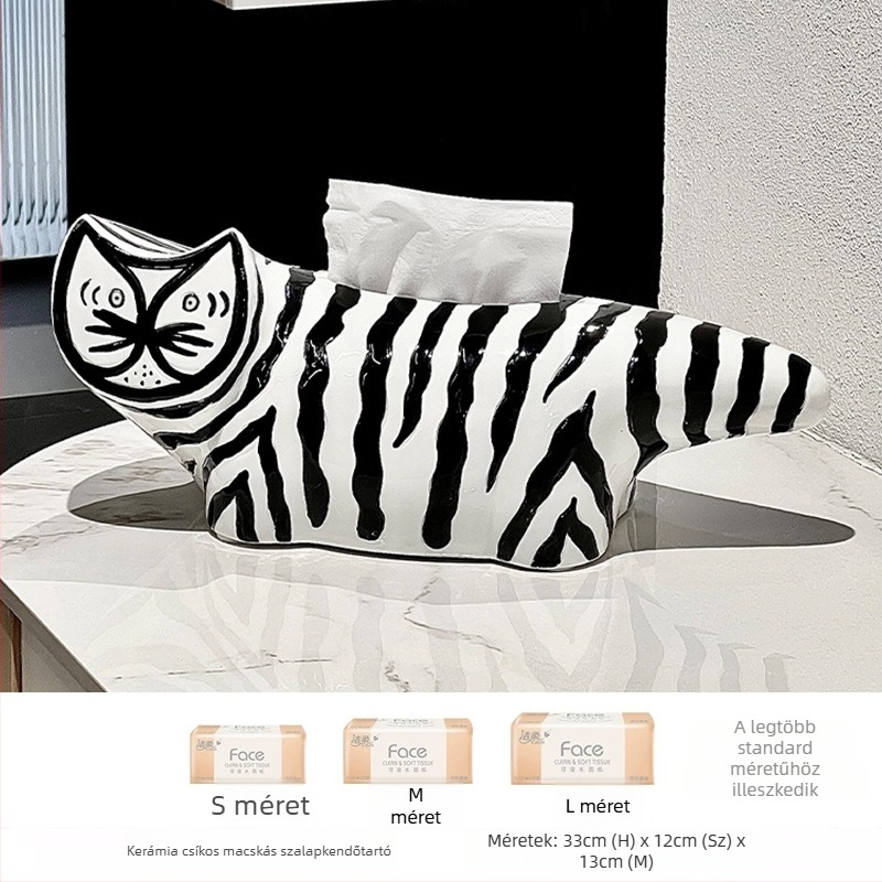 Csíkos macskát ábrázoló porcelán papírtörlő tartó, modern luxus megjelenésű, nappali dekoráció