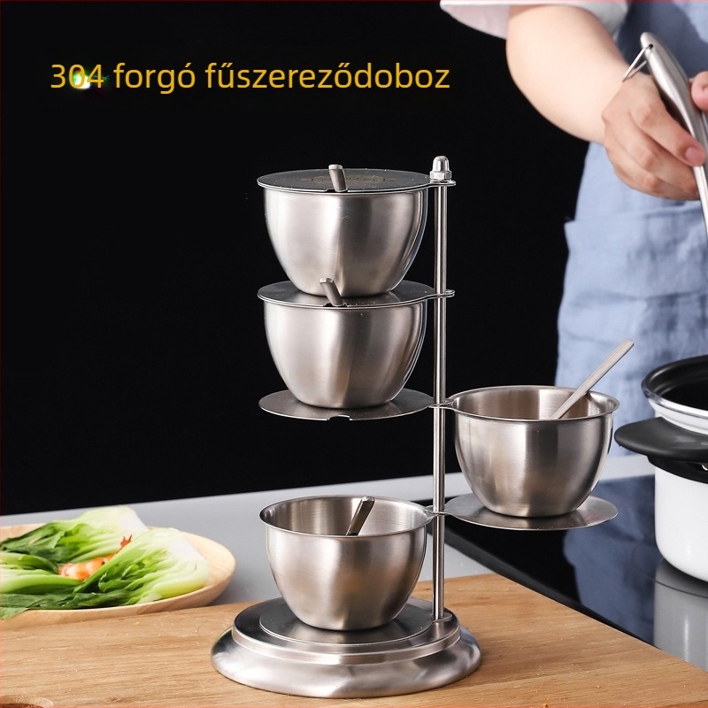 304 rozsdamentes acél vertikális fűszertartó fedéllel – forgó tároló sóhoz és MSG-hez