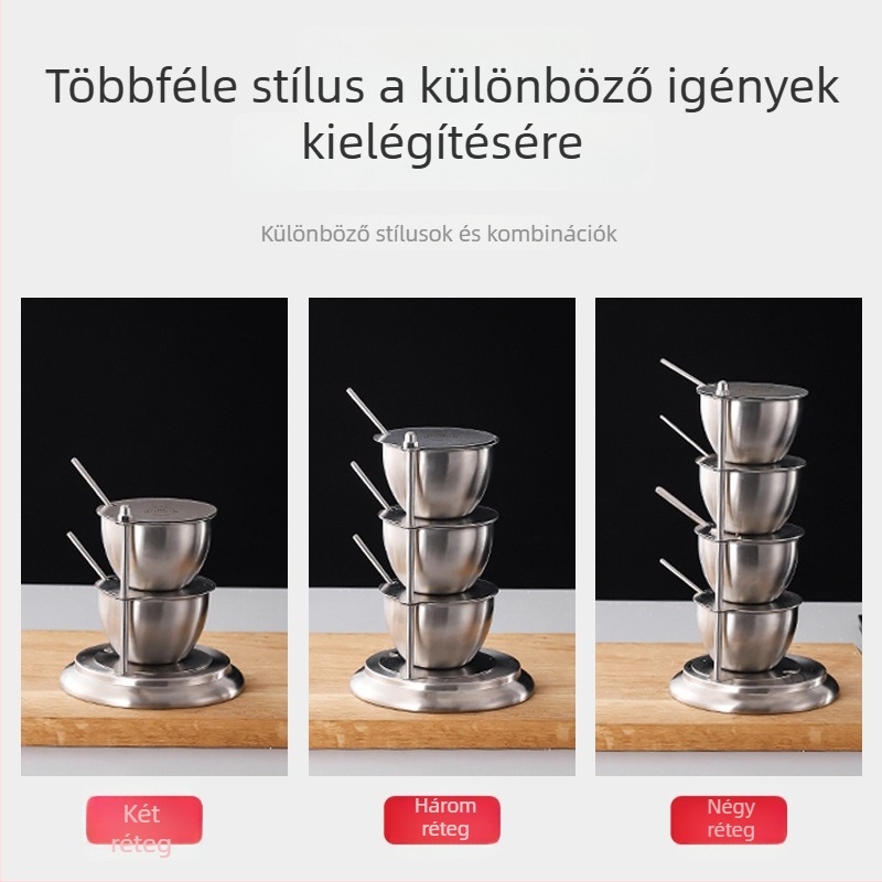 304 rozsdamentes acél vertikális fűszertartó fedéllel – forgó tároló sóhoz és MSG-hez