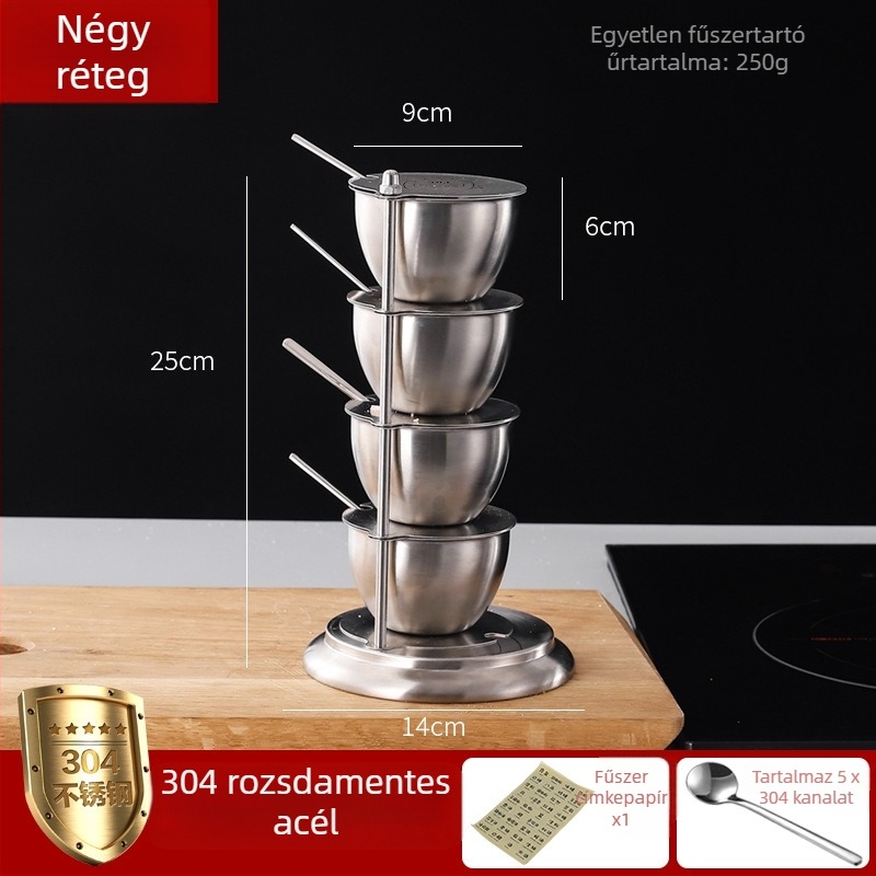 304 rozsdamentes acél vertikális fűszertartó fedéllel – forgó tároló sóhoz és MSG-hez