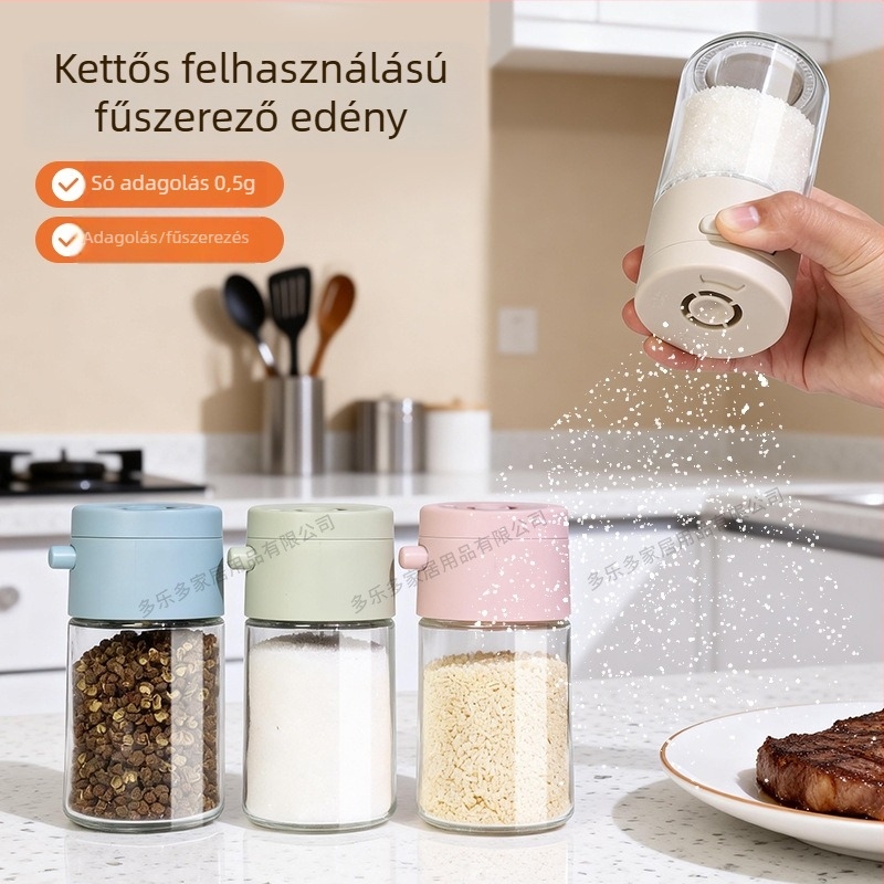 Nyomásos adagoló fűszeres edény a konyhába – sókontrollal, üveges sótartó köménnyel és csili fűszzerekkel