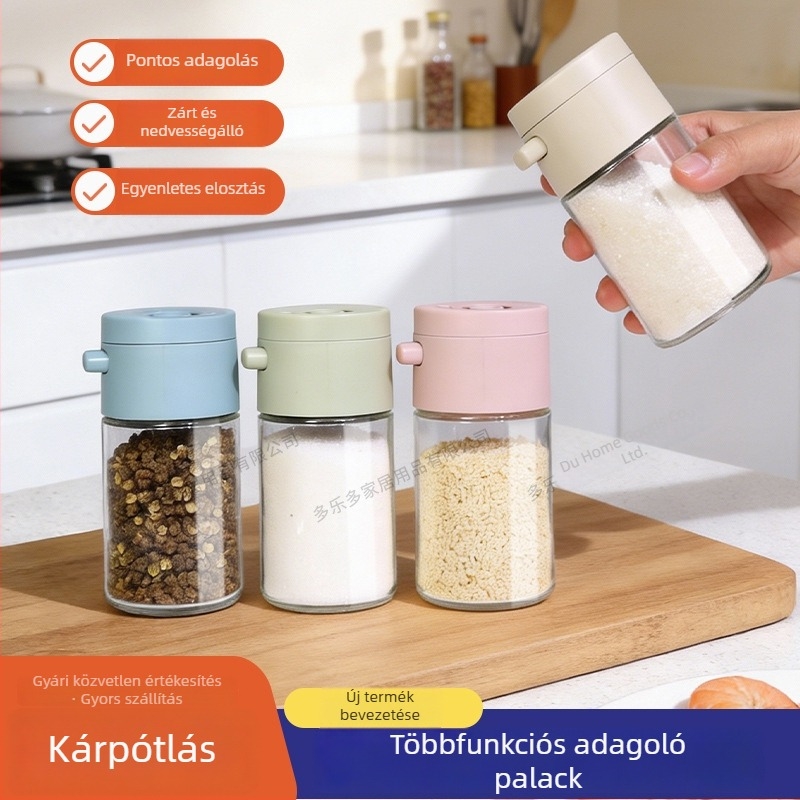 Nyomásos adagoló fűszeres edény a konyhába – sókontrollal, üveges sótartó köménnyel és csili fűszzerekkel