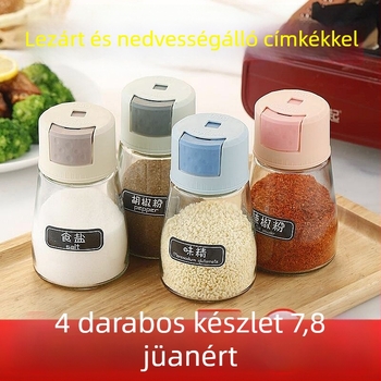Üveg konyhai fűszeradagoló nyomógombos sós tartóval és lezárt fűszeres dobozzal