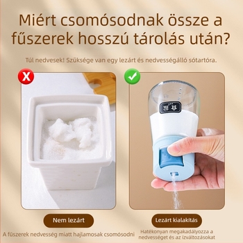Üveg konyhai fűszeradagoló nyomógombos sós tartóval és lezárt fűszeres dobozzal