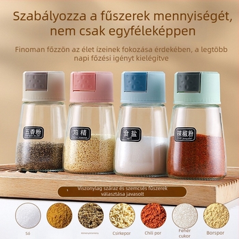 Üveg konyhai fűszeradagoló nyomógombos sós tartóval és lezárt fűszeres dobozzal