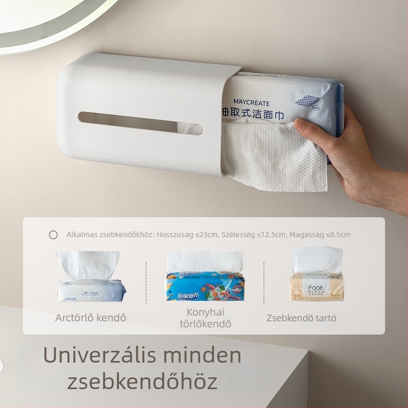 Fali papírzsepi doboz – multifunkcionális arctörölközők tárolója, furatmentes telepítés, konyhához és fürdőszobához