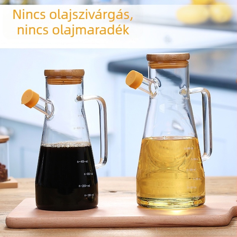 Konyhai üveges olajtartó boroszilikát üvegből, mérőskálával és fogantyúval, olaj, ecet és szósz számára