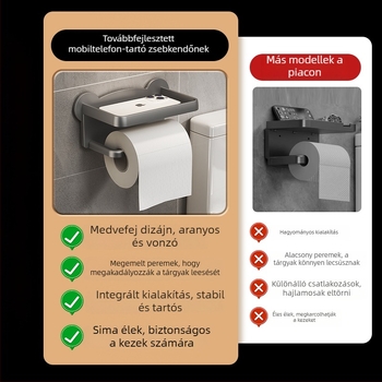 Falihoz szerelhető vécépapírtartó doboz tárolóval, medve alakú, grafit-szürke, PP anyag, modern minimalista stílus