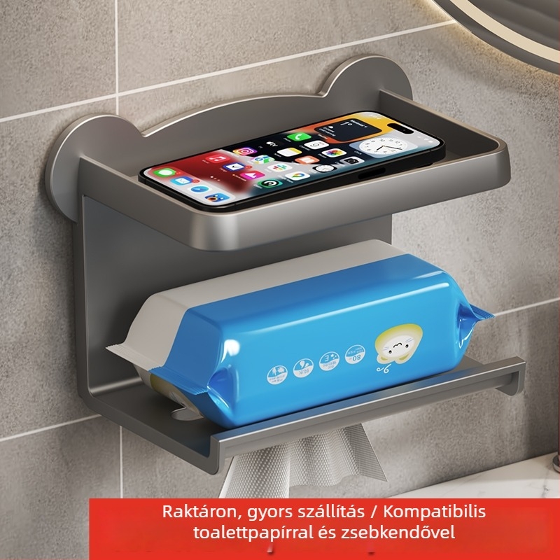 Falihoz szerelhető vécépapírtartó doboz tárolóval, medve alakú, grafit-szürke, PP anyag, modern minimalista stílus