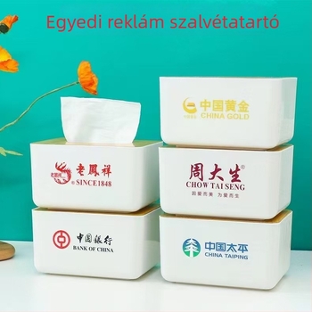 Műanyag szalvétatartó fa fedéllel, logónyomtatás lehetőségével, szállodák és éttermek számára
