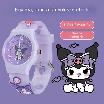 Rajzfilmszerű gyerekóra kvarc működéssel, kerek 35 mm-es számlap, műanyag tokkal, PVC szíjjal, rozsdamentes acél csattal