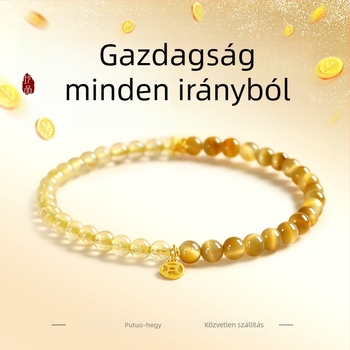 Természetes kristály gyöngy karkötő aranyhajú kvarccal és tigris szem kővel, ezüst S925 ékszer, uniszex