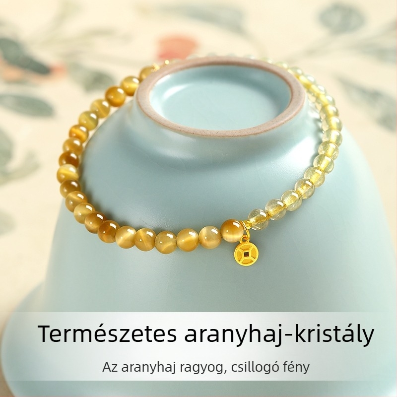 Természetes kristály gyöngy karkötő aranyhajú kvarccal és tigris szem kővel, ezüst S925 ékszer, uniszex