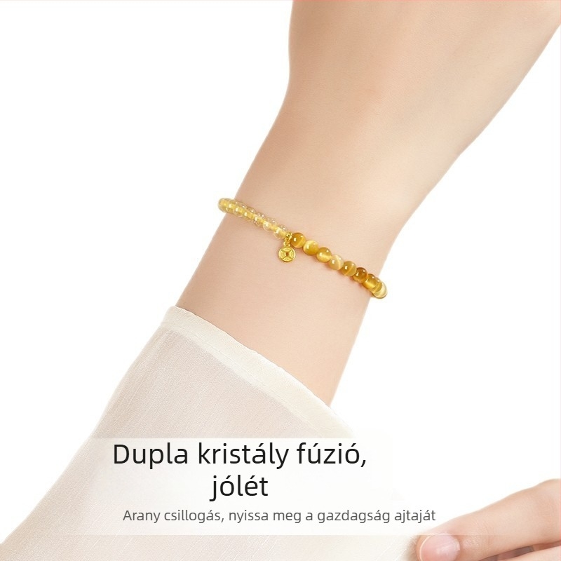 Természetes kristály gyöngy karkötő aranyhajú kvarccal és tigris szem kővel, ezüst S925 ékszer, uniszex