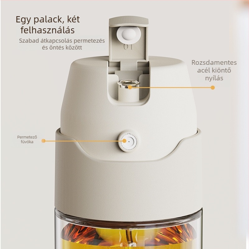 Üveg olajspray-palack integrált automata nyitás-zárás fedéllel, fordított kialakítás, csepegésmentes, kültéri grillezéshez