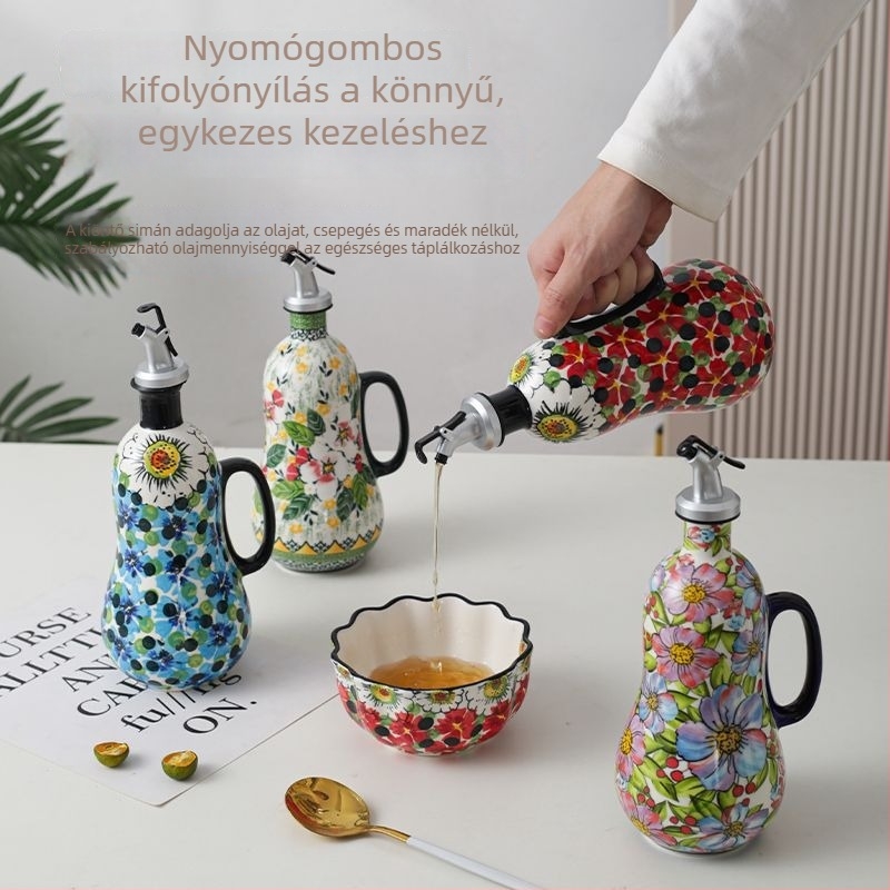 Kerámia konyhai olaj- és szószpalack csöpögés elleni kialakítással, olaj, mogyoróolaj és szójaszósz