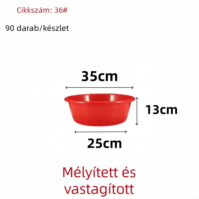 Vastag falú piros műanyag nagy mosóedény, kerek formájú, mosásra és zöldségek tisztítására, esküvőkhöz alkalmas