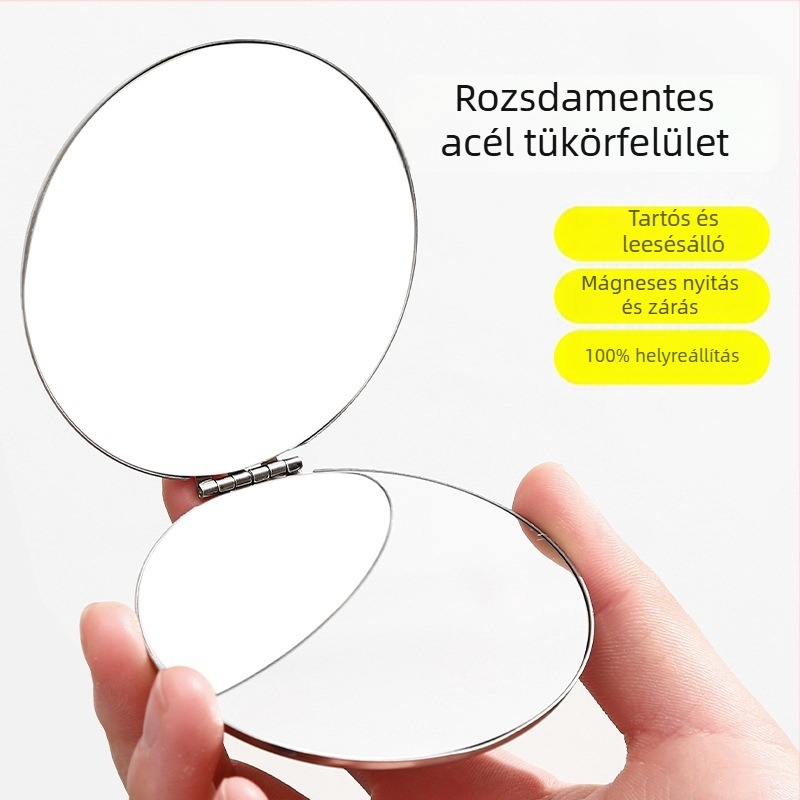 Férfiaknak készült hordozható, kétoldalas, kör alakú összecsukható sminktükör rozsdamentes acélból