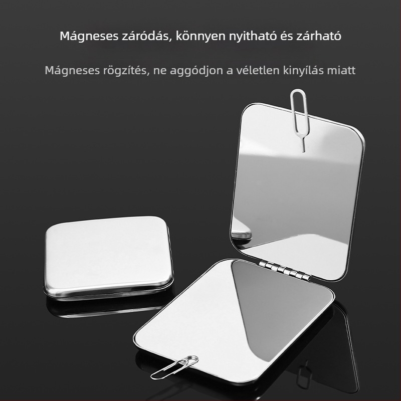 Férfiaknak készült hordozható, kétoldalas, kör alakú összecsukható sminktükör rozsdamentes acélból