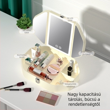 LED sminktükör világítással, összecsukható, kompakt tároló dobozzal, kis kétoldalas tükör