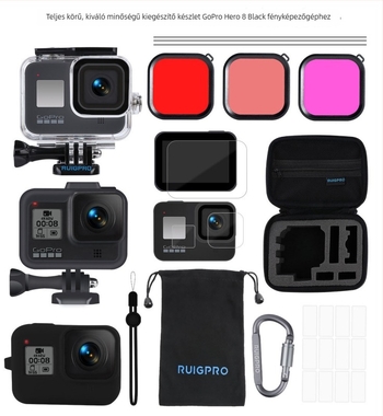GoPro Hero8 Black kiegészítőket tartalmazó készlet: víz alatti ház, szűrők, tárolótáska, edzett üveg kijelzővédő