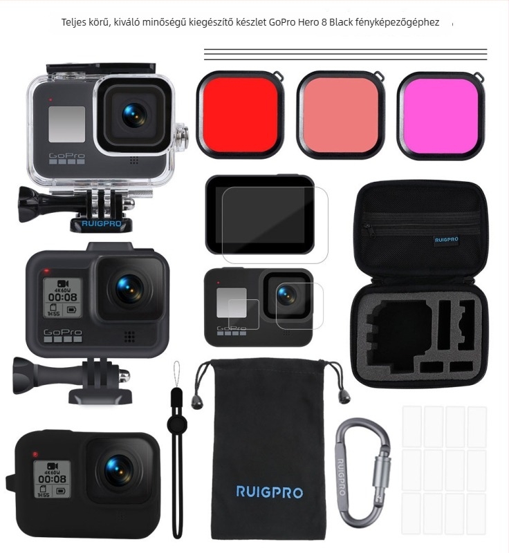 GoPro Hero8 Black kiegészítőket tartalmazó készlet: víz alatti ház, szűrők, tárolótáska, edzett üveg kijelzővédő