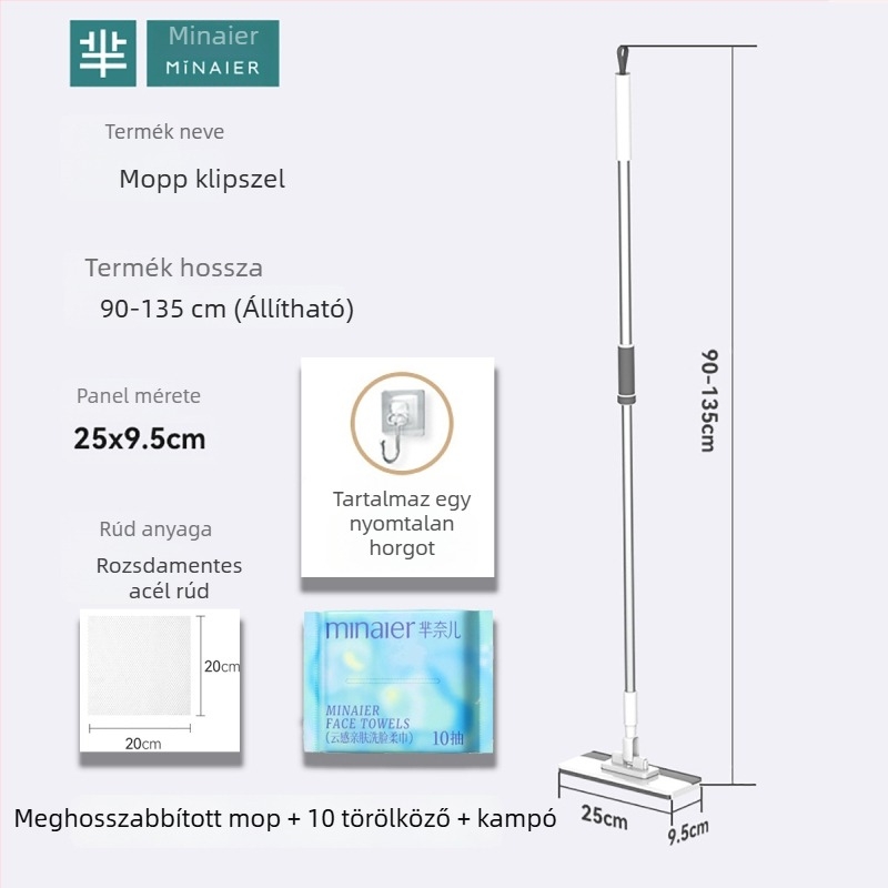Minair automata törölközőcsipeszes felmosó, fejlesztett hosszabbított változat, nagy méret, érintésmentes, többfunkciós lapos felmosó