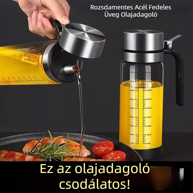 Hőálló üvegből készült olajtartó rozsdamentes acél fedéllel, csepegésmentes konyhai fűszertartó beépített olaj ecsettel