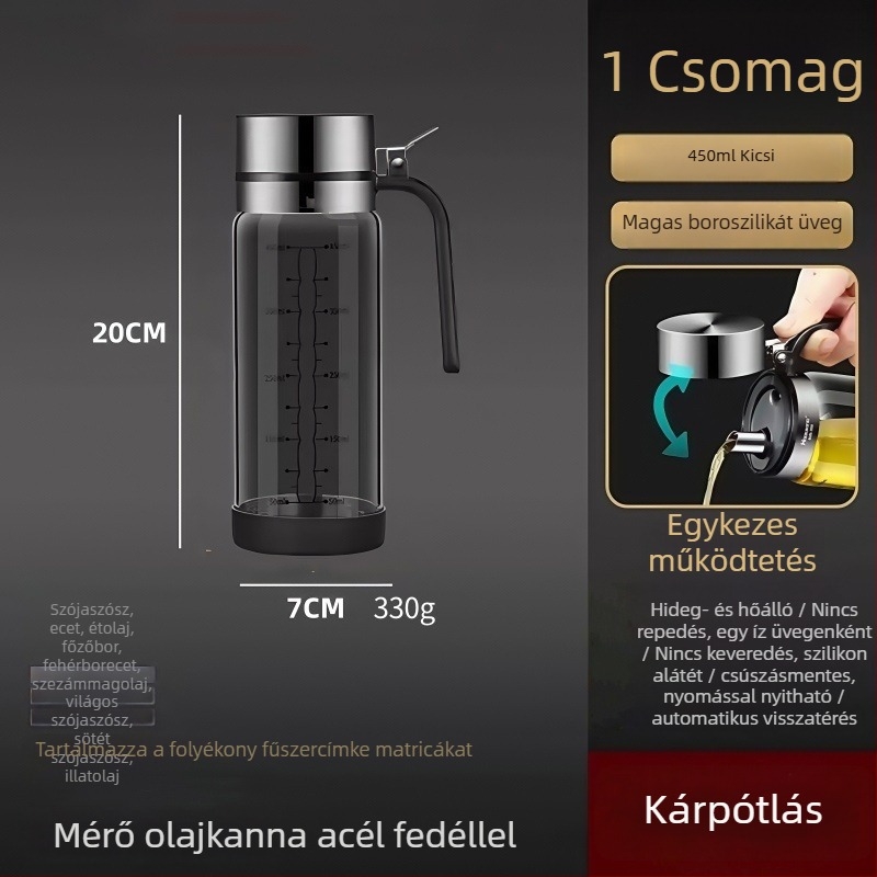 Hőálló üvegből készült olajtartó rozsdamentes acél fedéllel, csepegésmentes konyhai fűszertartó beépített olaj ecsettel