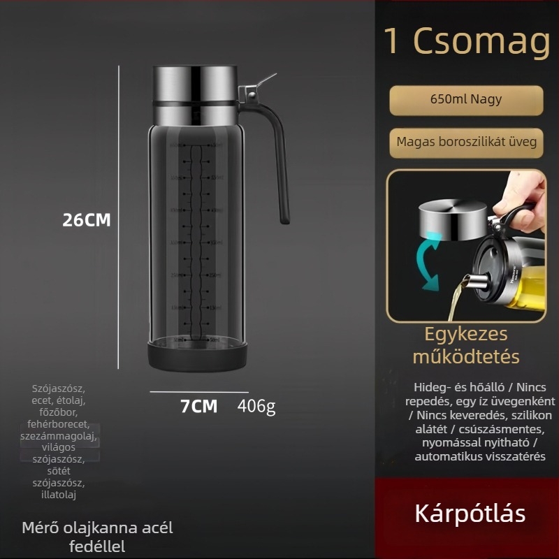 Hőálló üvegből készült olajtartó rozsdamentes acél fedéllel, csepegésmentes konyhai fűszertartó beépített olaj ecsettel