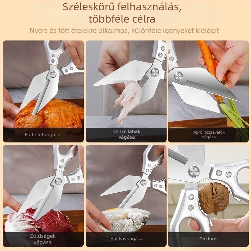 Csontvágó konyhai olló, nehéz, többfunkciós, rozsdamentes acél